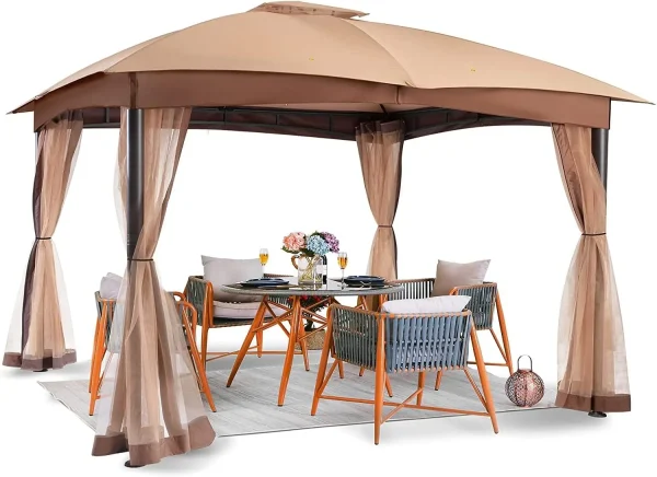 Double Vent Canopy Gazebo, Outdoor Gazebo with Privacy Netting, Easy Setup Patio Pavilion with Steel Frame Strong Legs for Lawn