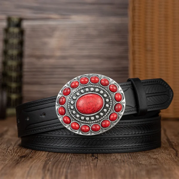 Red sapphire oval big plate buckle simple matching stripe PU embossed button belt - Image 9