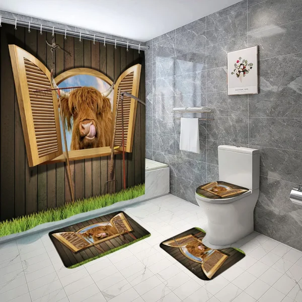 Funny Highland Cow Shower Curtain Set Western Bull Portrait Brown Wooden Panel Non-Slip Carpet Toilet Cover Bathroom Decorative - Image 27