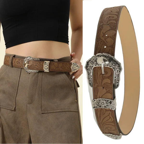 Vintage Golden Carved Pin Buckle Belt Metal Carved Buckle Jeans Dress Pants Waistband Casual Waist Strap Belt Western Style - Image 2