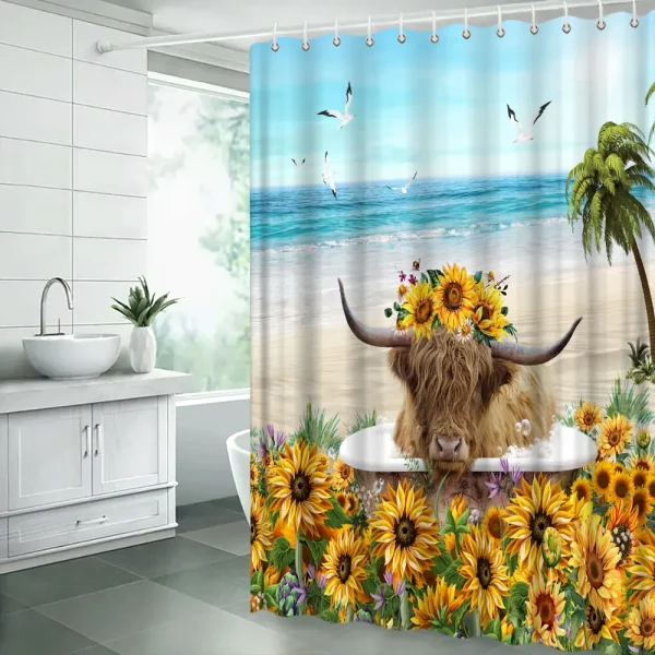 Funny Highland Cow Shower Curtain Set Western Bull Portrait Brown Wooden Panel Non-Slip Carpet Toilet Cover Bathroom Decorative - Image 21