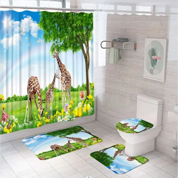 4PCS Brown Horse Shower Curtain Set Western Farm Animal Giraffe Tiger Bathroom Decor Rug Accessories Bath Mat Lid Toilet Cover - Image 2