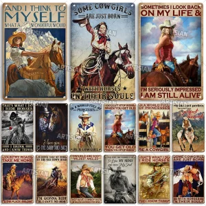 ARTISIAN Vintage Cowgirl Metal Tin Sign Rusty Riding Horse Metal Plaque Decorative Plate Man Cave Home Studio Wall Decor Sign
