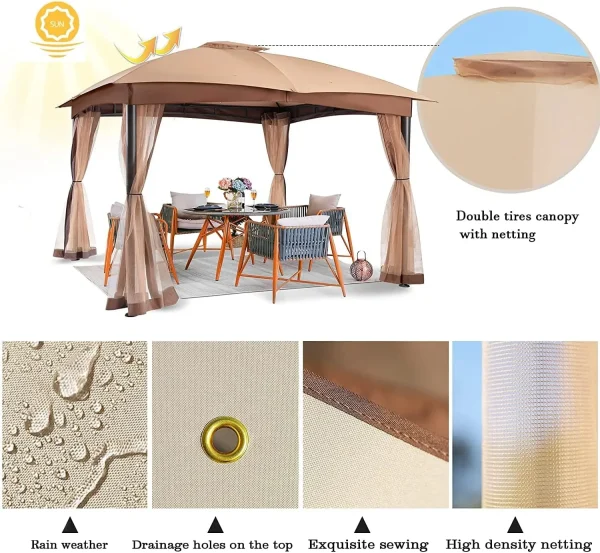 Double Vent Canopy Gazebo, Outdoor Gazebo with Privacy Netting, Easy Setup Patio Pavilion with Steel Frame Strong Legs for Lawn - Image 6