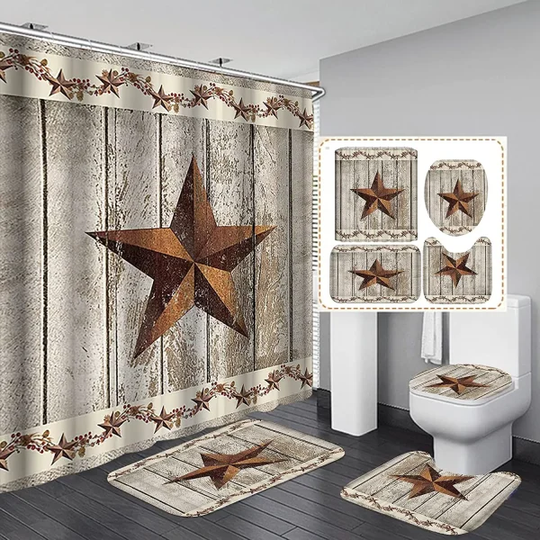 Western Cowboy Bathroom Shower Curtain And Rug Set Brown Barn Wood Panels Vintage Rustic Farmhouse Bathroom Decor Non-Slip Mat - Image 9