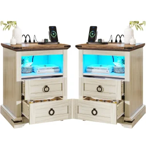2X Farmhouse Nightstand with Charging Station & LED Lights 2 Drawer Night Stand
