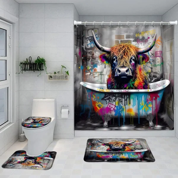Funny Highland Cow Shower Curtain Set Western Bull Portrait Brown Wooden Panel Non-Slip Carpet Toilet Cover Bathroom Decorative - Image 17