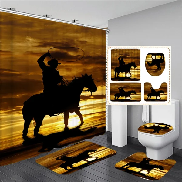 Rustic Western Cowboy Shower Curtain American Country Music Bathroom Curtain Set Bath Mat Rug Carpet Bathtub Accessories Decor - Image 3