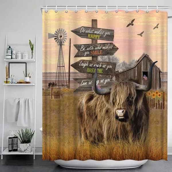 Funny Highland Cow Shower Curtain Set Western Bull Portrait Brown Wooden Panel Non-Slip Carpet Toilet Cover Bathroom Decorative - Image 20