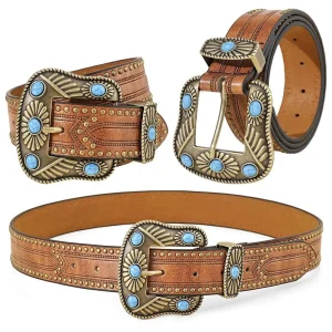 Retro Western Belts for Women Vintage Floral Engraved Leather Belt for Jeans Pant, Fashion PU Leather Bohemian Cowboy Belts