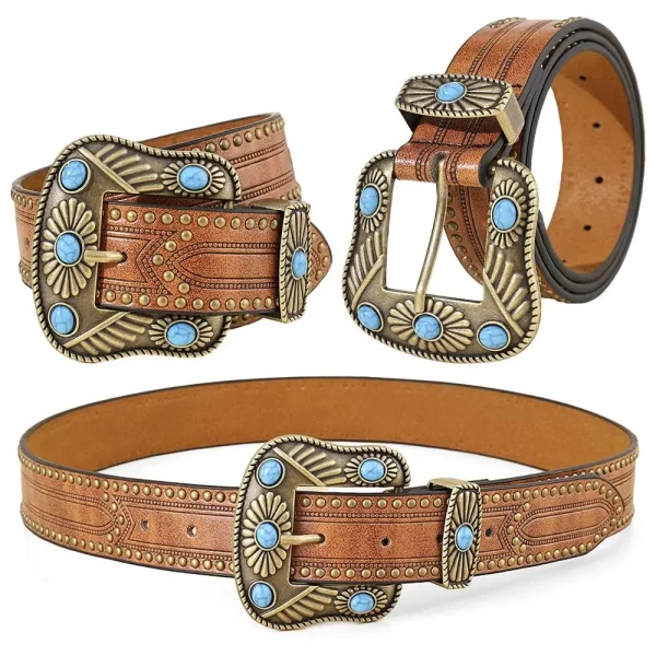 Retro Western Belts for Women Vintage Floral Engraved Leather Belt for Jeans Pant, Fashion PU Leather Bohemian Cowboy Belts