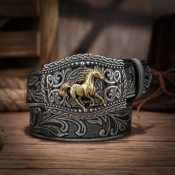 Western Cowboy PU Leather Belt - Men Waist Strap Bull Decoration Floral Engraved for Jeans - Image 2