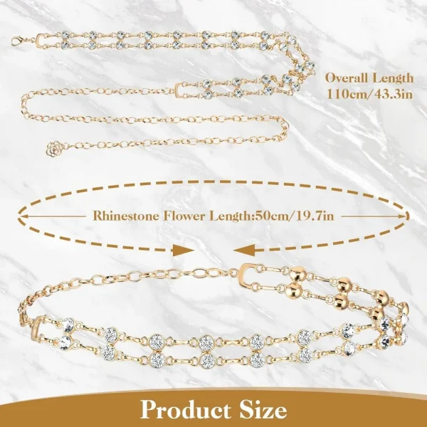 Women Rhinestone Chain Belt for Dress, Flower Metal Waist Belt Adjustable Crystal Belt Skinny Wedding Waist Band - Image 6