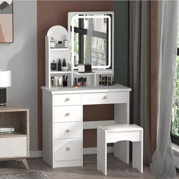 Vanity Set Makeup Vanity Dressing Table with Sliding Lighted Mirror, 5 Drawers, Dresser Desk and Cushioned Stool Set (White A) - Image 11