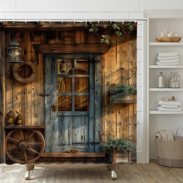 Rustic Wooden Door Shower Curtain Sets With Rug Toilet Cover Bath Mat  Farmhouse Western Vintage Wheel Plants Bathroom Curtains - Image 3