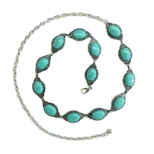 Bohemia Western Oval Concho Big Turquoise Stone Chain Belt Silvertone Metal WaistChain Retro Boho Cowgirl Outfit Accessor Cowboy