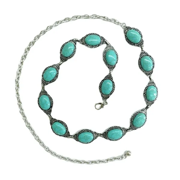 Bohemia Western Oval Concho Big Turquoise Stone Chain Belt Silvertone Metal WaistChain Retro Boho Cowgirl Outfit Accessor Cowboy