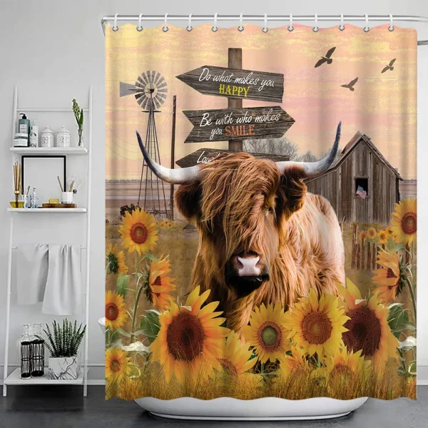 Funny Highland Cow Shower Curtain Set Western Bull Portrait Brown Wooden Panel Non-Slip Carpet Toilet Cover Bathroom Decorative - Image 32