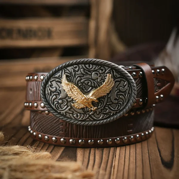 Western Cowboy PU Leather Belt - Men Waist Strap Bull Decoration Floral Engraved for Jeans - Image 3