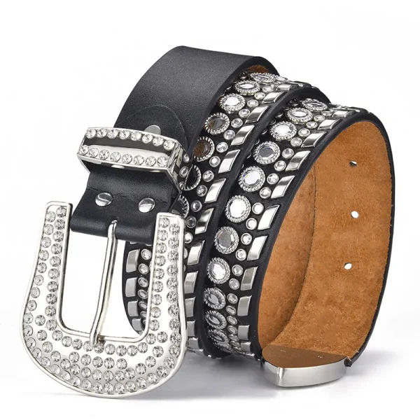 Woman Belt Crystal Diamond Beautiful Design Fashion Daily Life Western Pu Leather Belt - Image 3