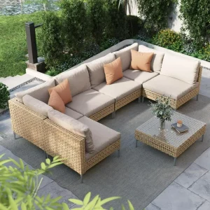 7-Pcs Wicker Patio Furniture Set, Outdoor Set Sectional Sofa with Water Resistant Thick Cushions and Coffee Table, Furniture Set