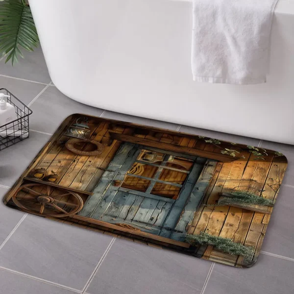 Rustic Wooden Door Shower Curtain Sets With Rug Toilet Cover Bath Mat  Farmhouse Western Vintage Wheel Plants Bathroom Curtains - Image 5