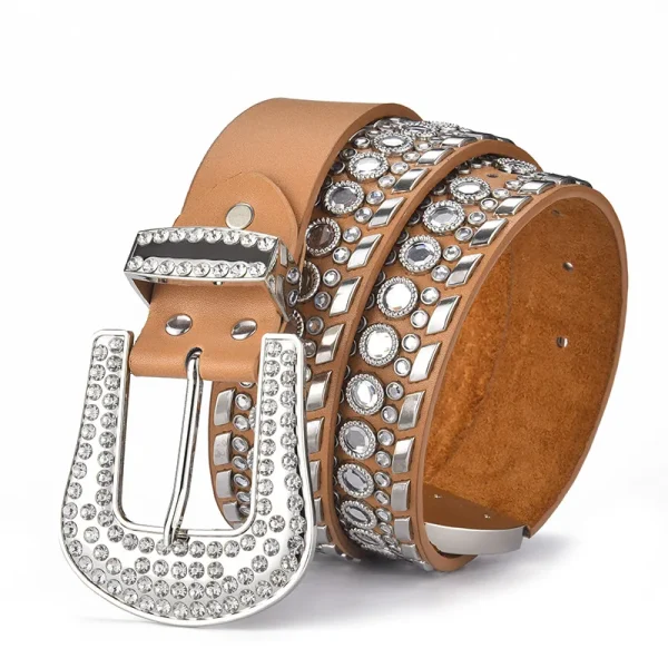 Woman Belt Crystal Diamond Beautiful Design Fashion Daily Life Western Pu Leather Belt - Image 4
