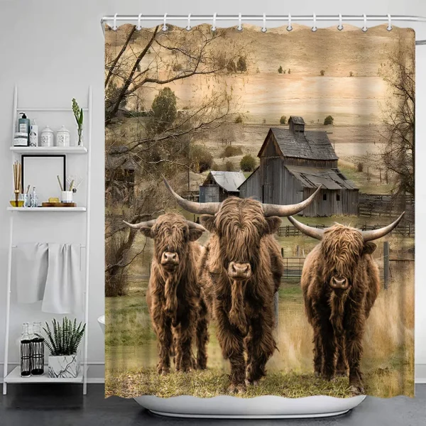 Funny Highland Cow Shower Curtain Set Western Bull Portrait Brown Wooden Panel Non-Slip Carpet Toilet Cover Bathroom Decorative - Image 35