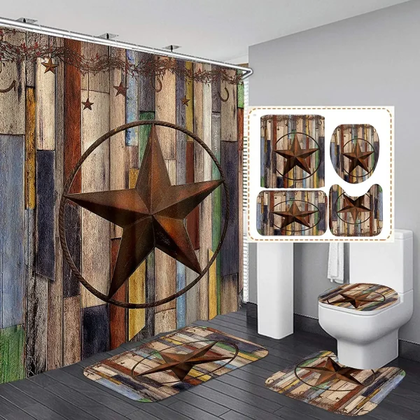 Western Cowboy Bathroom Shower Curtain And Rug Set Brown Barn Wood Panels Vintage Rustic Farmhouse Bathroom Decor Non-Slip Mat - Image 11