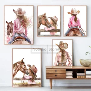 Cowgirl Poster Baby Girl Western Nursery Girls Horse Riding Equestrian Prints Canvas Painting Wall Art Pictures Home Room Decor