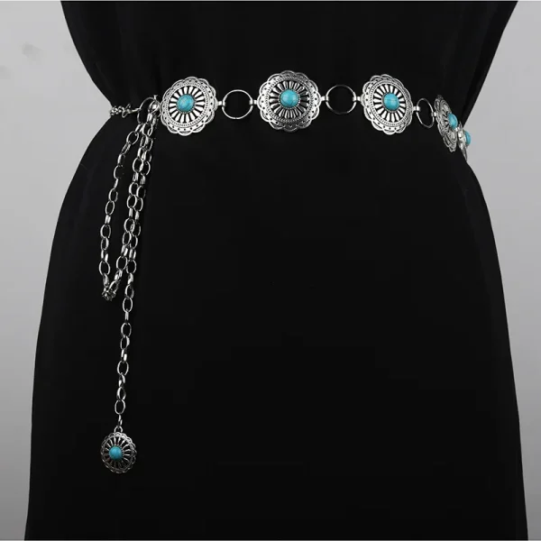 Western Concho Chain Belt For Women Girl Bohemia Turquoise Chain Belt Adjustable Metal Belt For Cowgirl Dresses Jeans Western Je - Image 2
