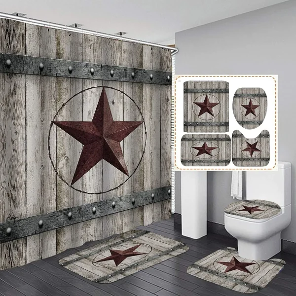 Western Cowboy Bathroom Shower Curtain And Rug Set Brown Barn Wood Panels Vintage Rustic Farmhouse Bathroom Decor Non-Slip Mat - Image 10