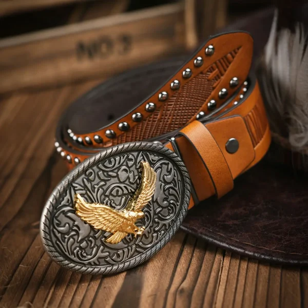 Western Cowboy PU Leather Belt - Men Waist Strap Bull Decoration Floral Engraved for Jeans - Image 2