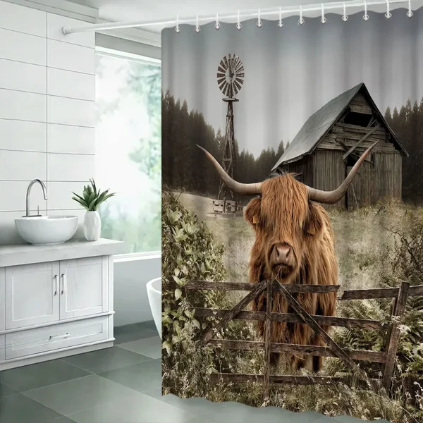 Funny Highland Cow Shower Curtain Set Western Bull Portrait Brown Wooden Panel Non-Slip Carpet Toilet Cover Bathroom Decorative - Image 38