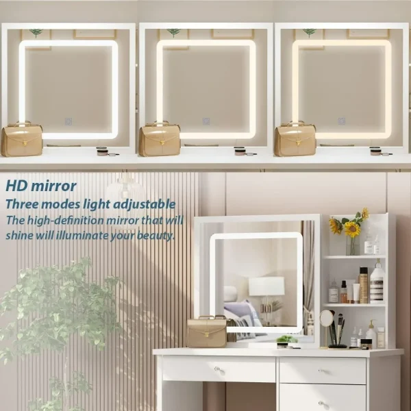 Vanity Set Makeup Vanity Dressing Table with Sliding Lighted Mirror, 5 Drawers, Dresser Desk and Cushioned Stool Set (White A) - Image 2