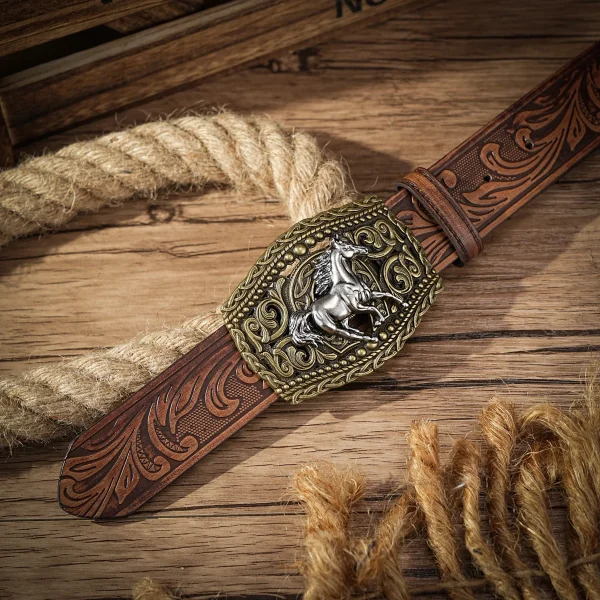 Western Cowboy PU Leather Belt - Men Waist Strap Bull Decoration Floral Engraved for Jeans - Image 3