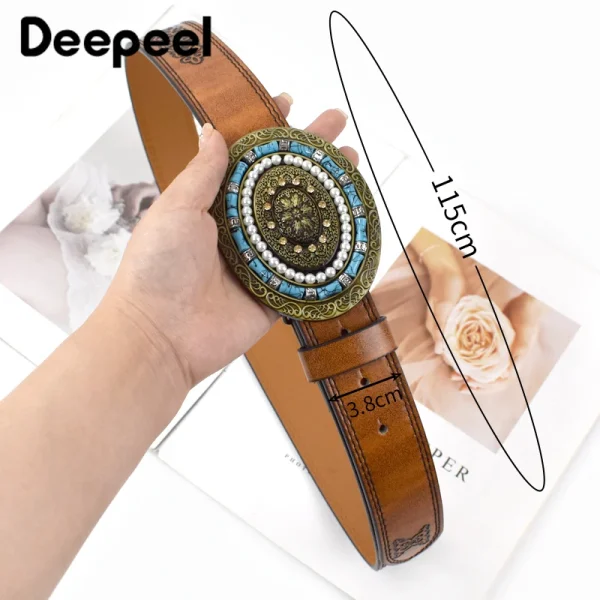 1Pc Deepeel 3.8*115cm Fashion Women's Vintage Leather Belt Luxury Stone Buckles Embossed Waistband for Jeans Female Waist Corset - Image 3