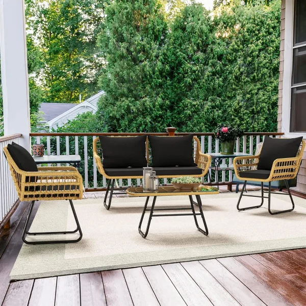 YITAHOME Patio Furniture Wicker Outdoor Bistro Set 4-Piece All Weather Rattan Conversation Loveseat Sets Deck Light Brown+Black - Image 3