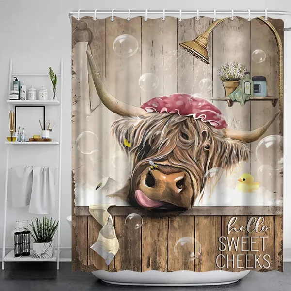 Funny Highland Cow Shower Curtain Set Western Bull Portrait Brown Wooden Panel Non-Slip Carpet Toilet Cover Bathroom Decorative - Image 30