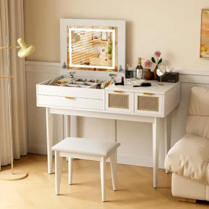 Vanity Desk with LED Lighted Mirror, Desktop Openable Dresser,Makeup Table with Drawers & Cabinet,Storage Stool,for Bedroom