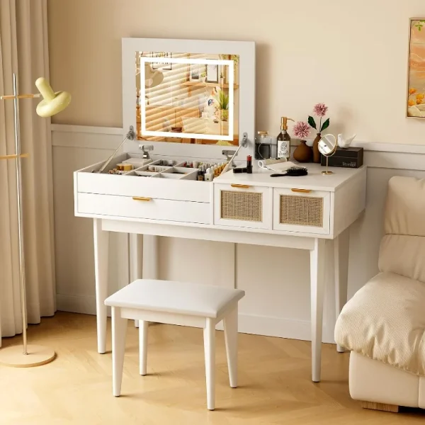 Vanity Desk with LED Lighted Mirror, Desktop Openable Dresser,Makeup Table with Drawers & Cabinet,Storage Stool,for Bedroom