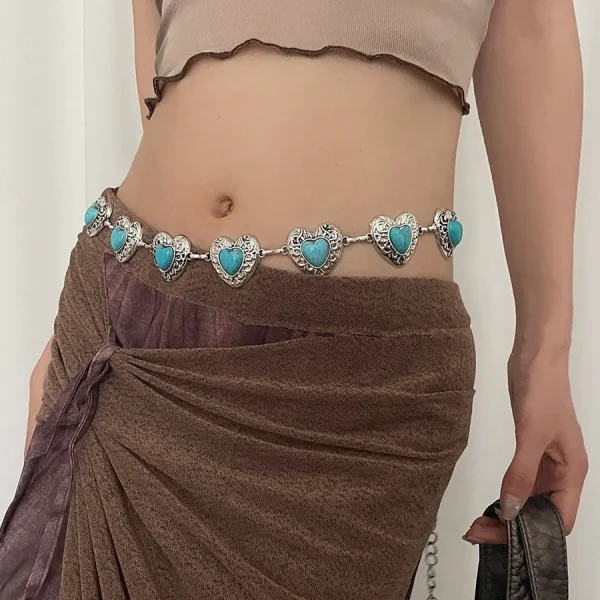 Bohemian retro metal chain turquoise carved waist chain exquisite fashion women dress shirt belt 2025 new model - Image 6