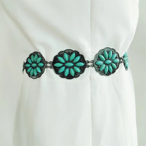 Natural turquoise metal carved retro belt Stylish Bohemian folk chic hip hop accessories women's party dress waist chain - Image 2
