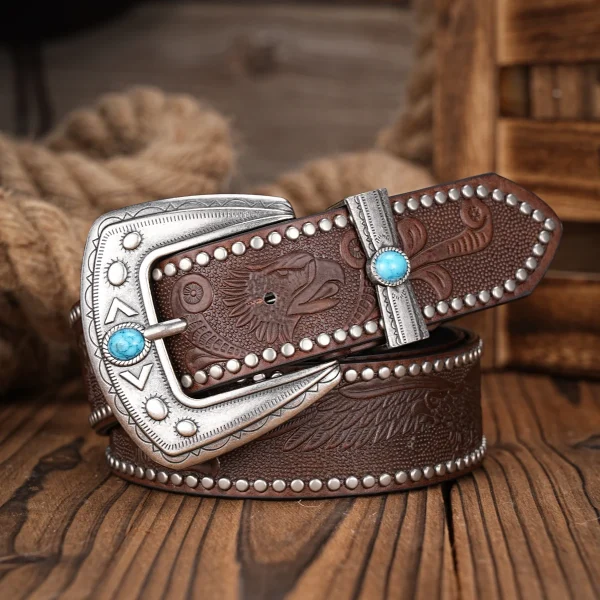 Men Women-Western-Cowboy-PU Leather-Belts - Vintage Belt Floral Engraved Buckle Belt for Jeans - Image 3