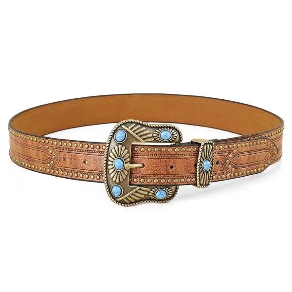 Retro Western Belts for Women Vintage Floral Engraved Leather Belt for Jeans Pant, Fashion PU Leather Bohemian Cowboy Belts - Image 7
