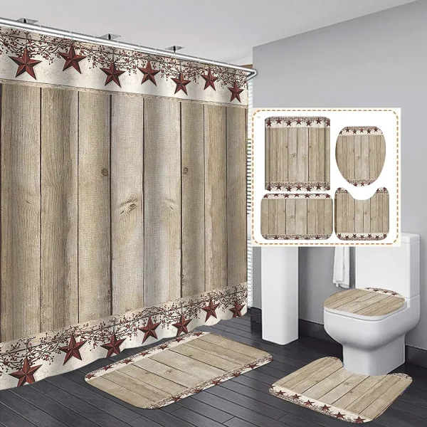 Western Cowboy Bathroom Shower Curtain And Rug Set Brown Barn Wood Panels Vintage Rustic Farmhouse Bathroom Decor Non-Slip Mat - Image 13
