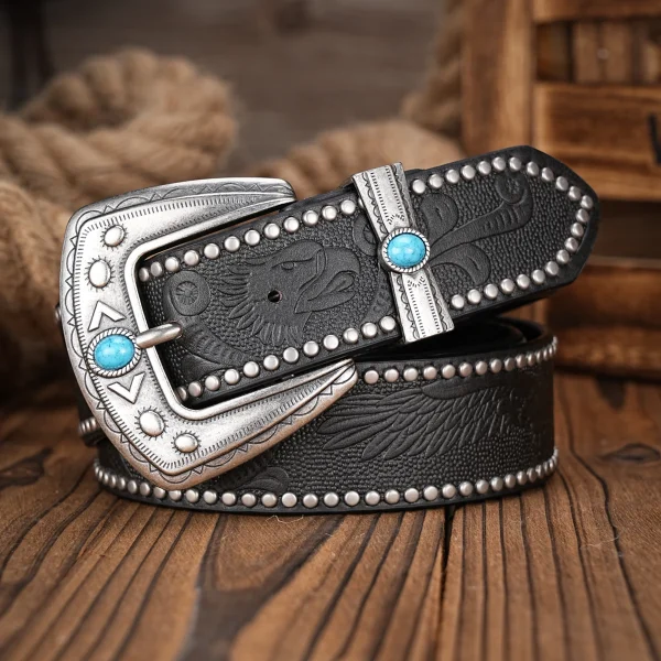 Men Women-Western-Cowboy-PU Leather-Belts - Vintage Belt Floral Engraved Buckle Belt for Jeans - Image 2