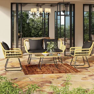 YITAHOME Patio Furniture Wicker Outdoor Bistro Set 4-Piece All Weather Rattan Conversation Loveseat Sets Deck Light Brown+Black