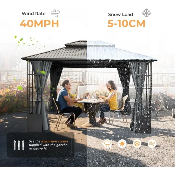 10x 12Hardtop Gazebo,with Netting and Curtains, Double Roof Permanent Patio Metal Gazebos Canopy for Patio, Deck, Outdoor Gazebo - Image 4