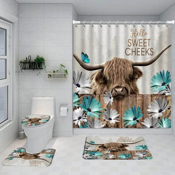 Funny Highland Cow Shower Curtain Set Western Bull Portrait Brown Wooden Panel Non-Slip Carpet Toilet Cover Bathroom Decorative - Image 18